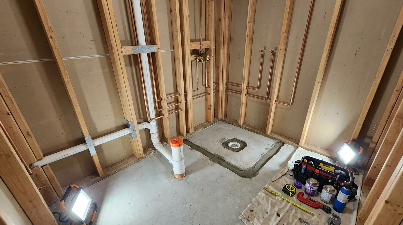 Bathroom rough-in plumbing during remodel by Johns Plumbing LLC in Cos Cob
