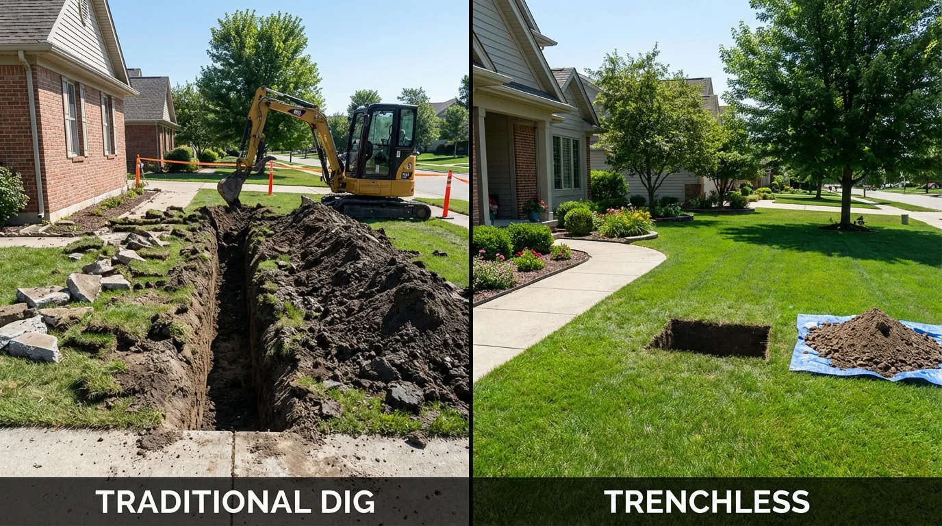 Trenchless sewer repair with minimal yard damage versus traditional excavation in Cos Cob, CT